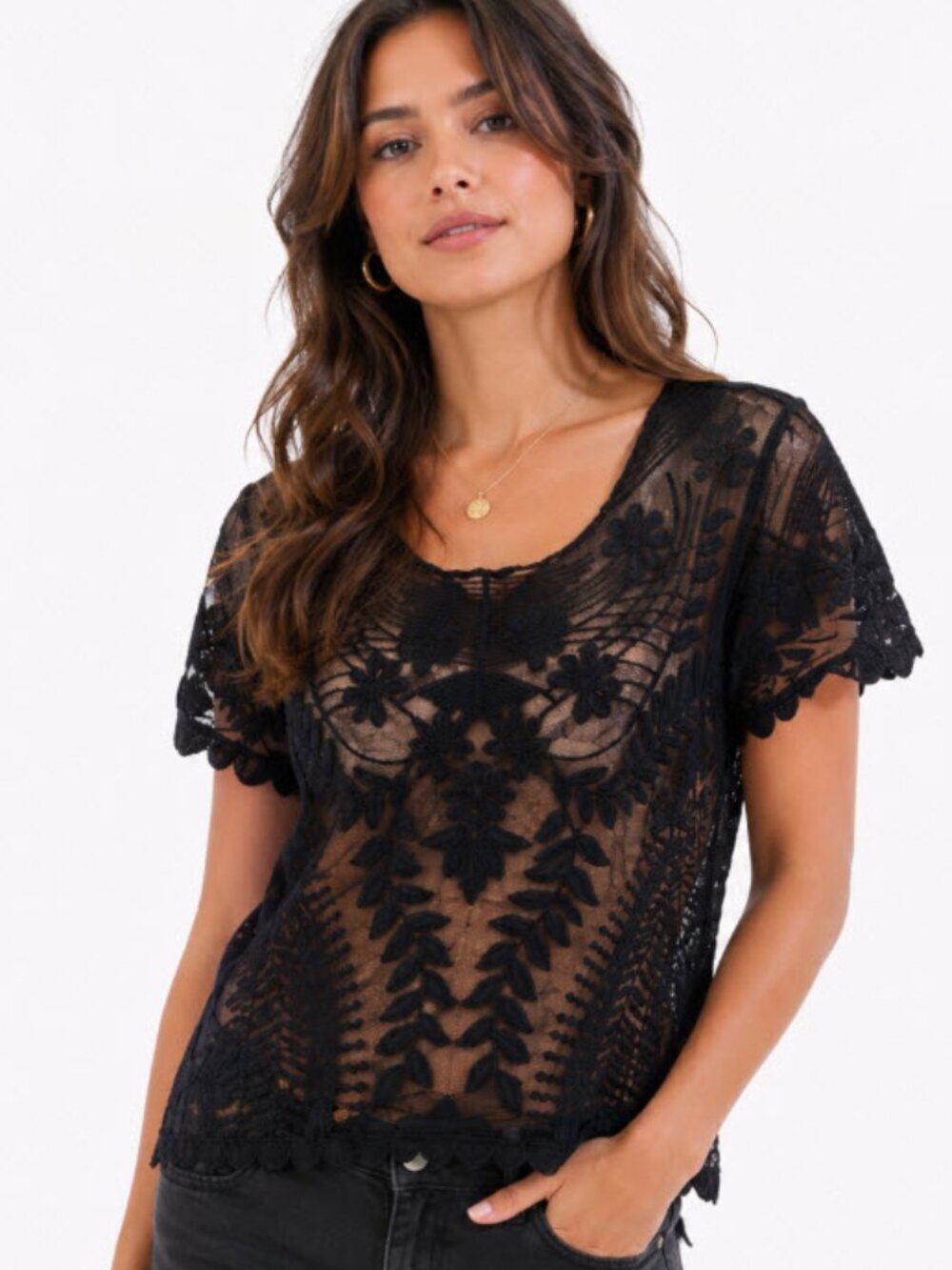 Nylon 76 Black Lace Crochet Sheer Blouse Boho Chic Party Top Size Large